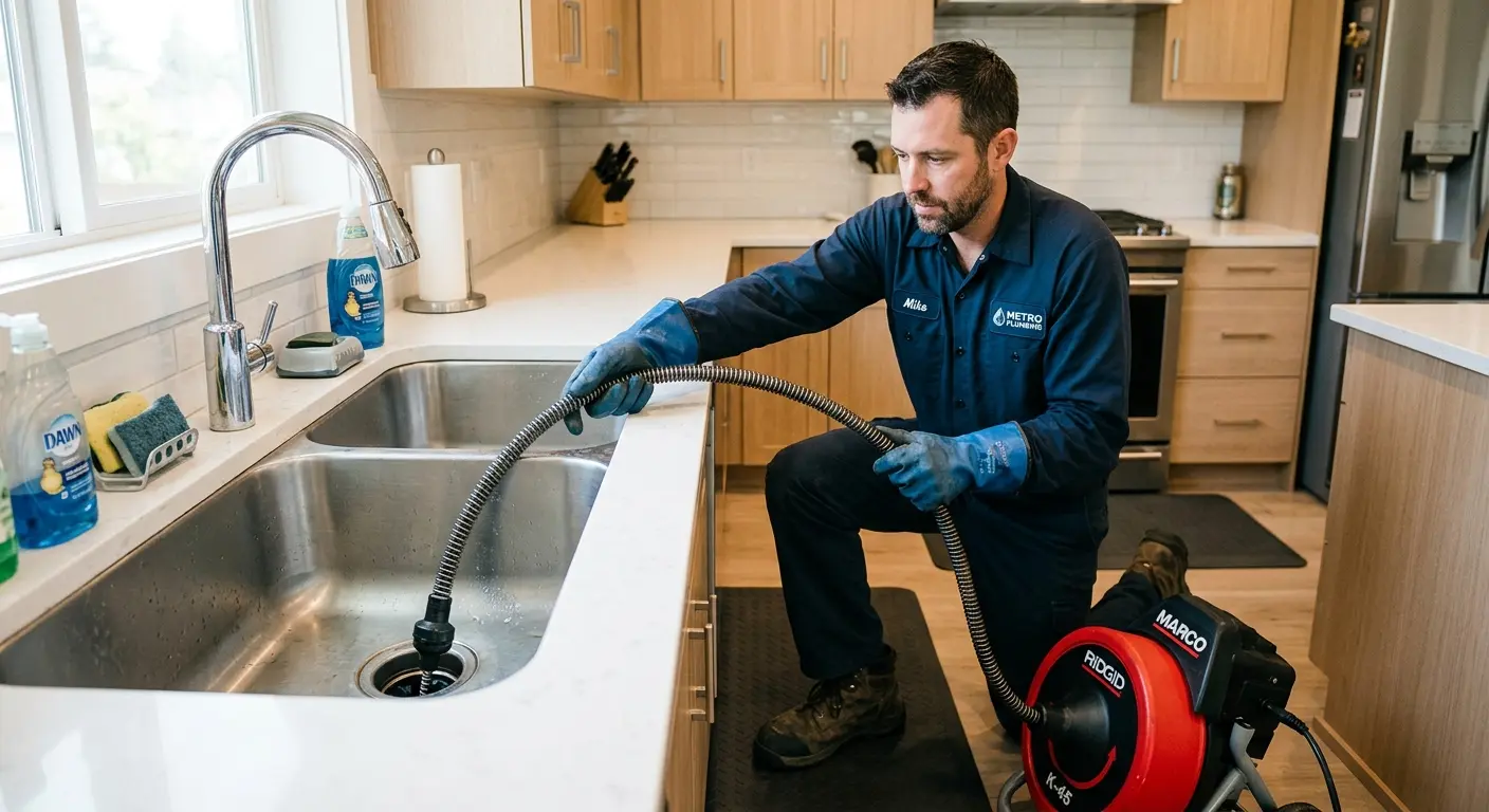 Drain cleaning technician using a motorized snake on a kitchen sink in Novi