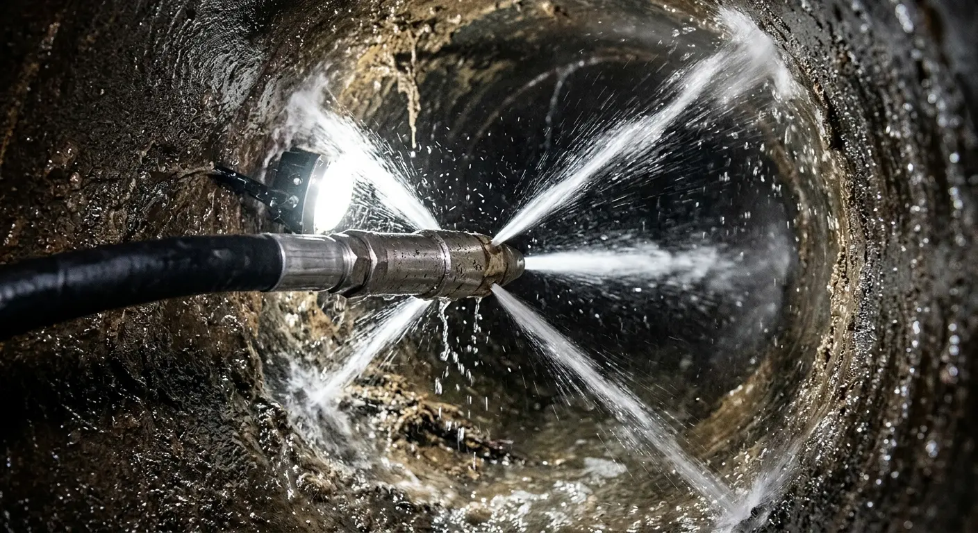High-pressure hydro jetting nozzle cleaning sewer pipe for Sewer Cleanout in Novi