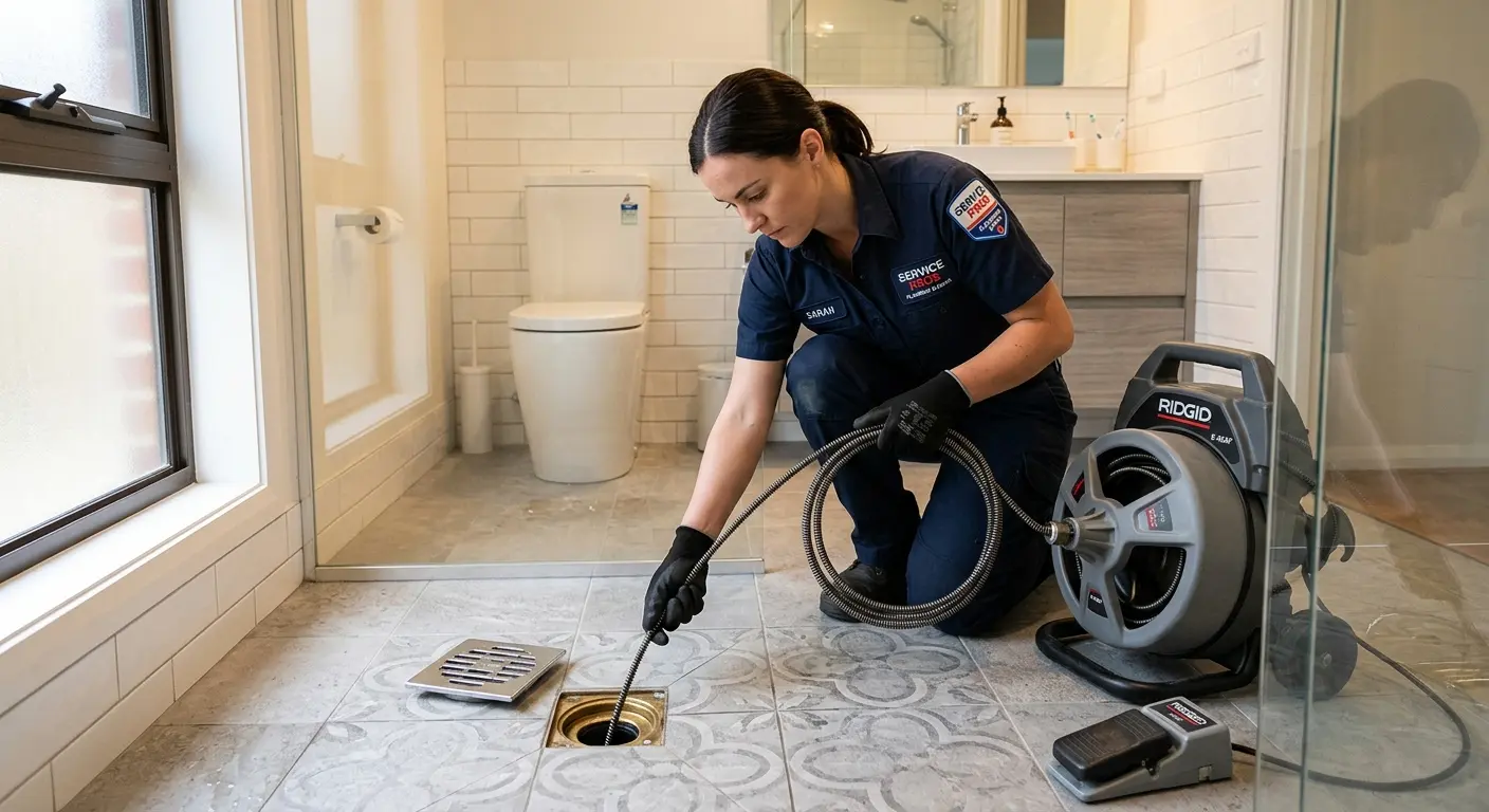 Technician clearing a bathroom floor drain for Drain Cleaning in Novi